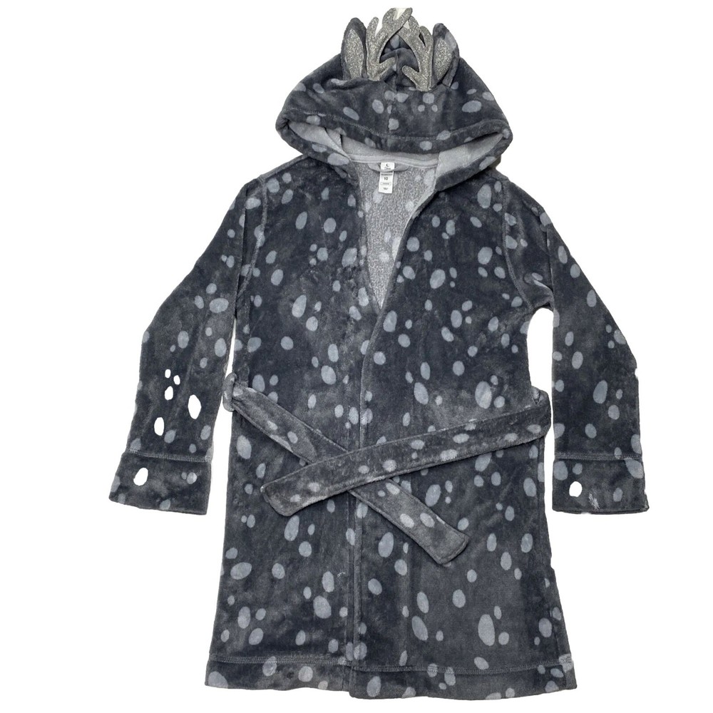 Justice Girls Hooded Robe Size 10 Sleep Gray Silver Deer Antlers Tie Front Soft